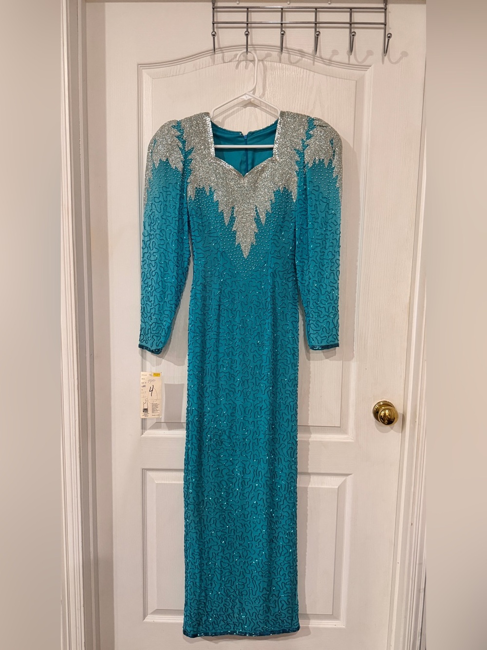 NWT Vintage Teal Sequined Evening Dress with Silver Embellished Yoke